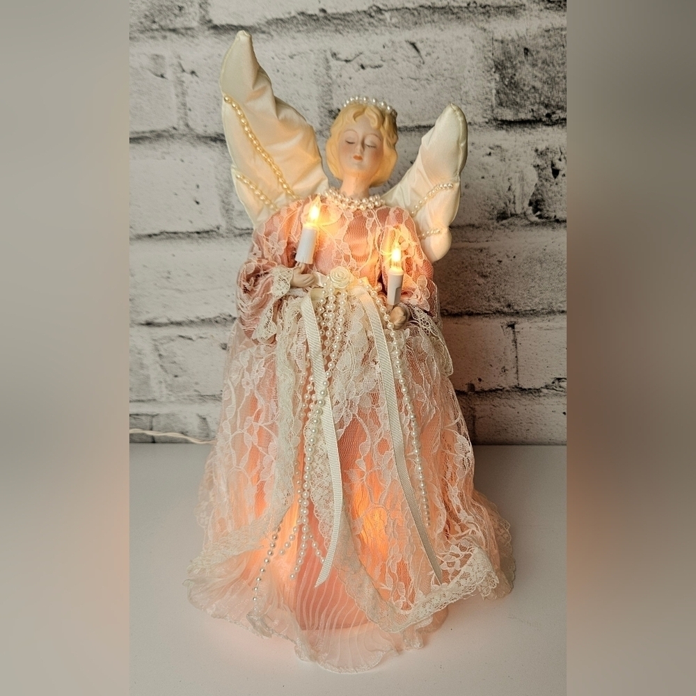 Vintage Lighted Angel Christmas Tree Topper Porcelain Lace Pearl 12 Inch
